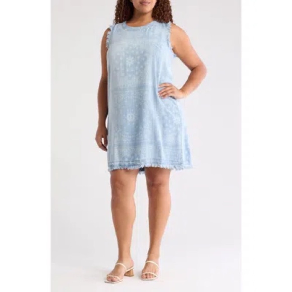 NWOT Tahari Woman Fringe Sleeveless Chambray Dress in Bandana Print Size 1X